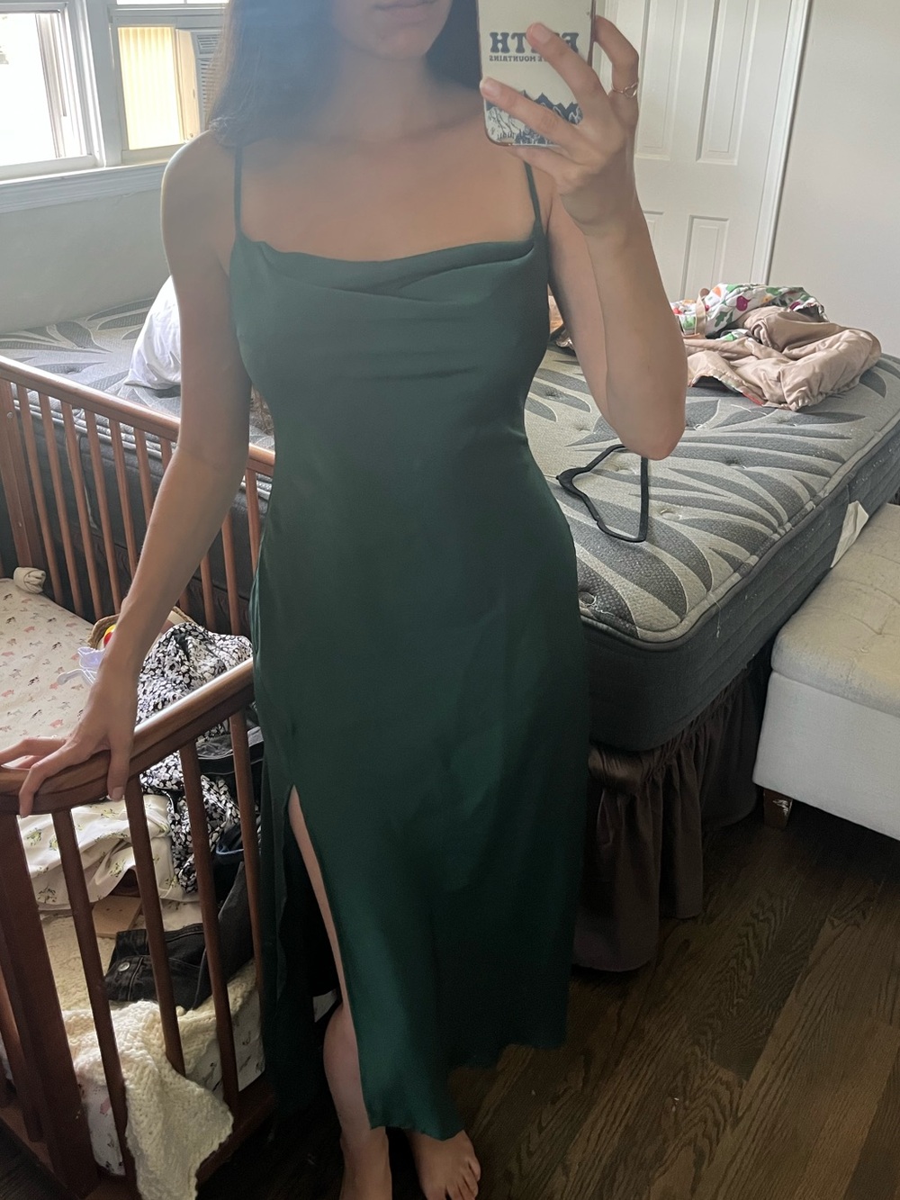 Astr Forest Green Satin Midi Slip Dress with Side Slit